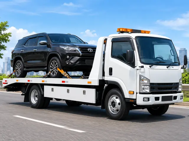 Towing Flatbed (Gendong) — mobil diangkat penuh ke bak datar derek